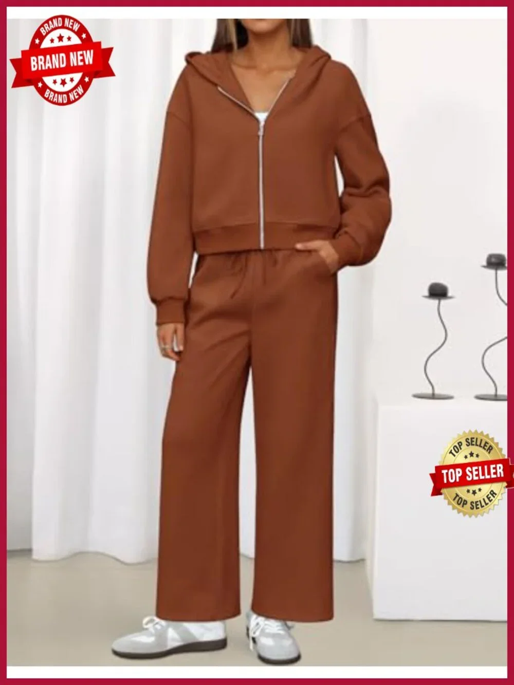 2 Piece Zip Up Crop Hoodie Wide Leg Sweatpant Lounge Set Fleece Lined Tracksuit
